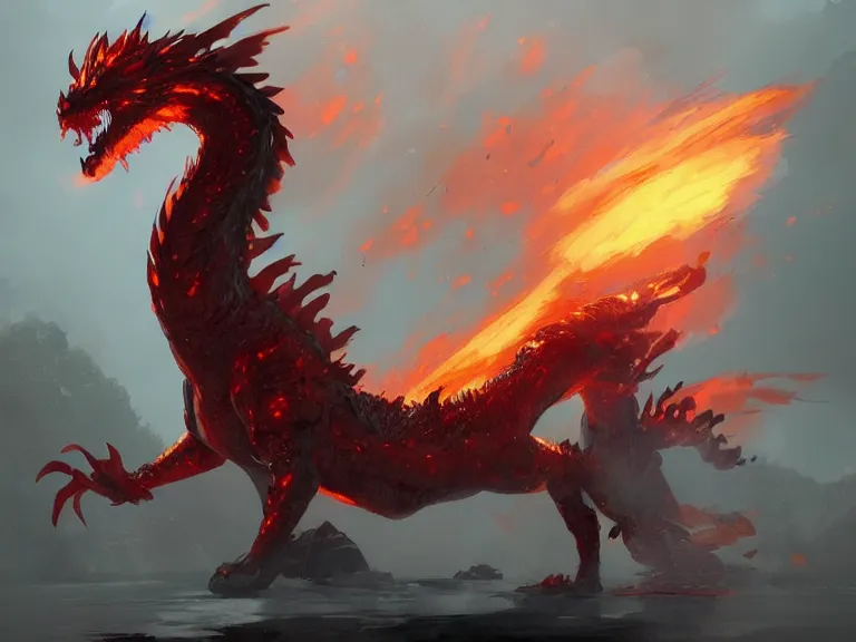 Prompt: mysterious fire dragon, concept art by Greg Rutkowski, artstation, cgsociety