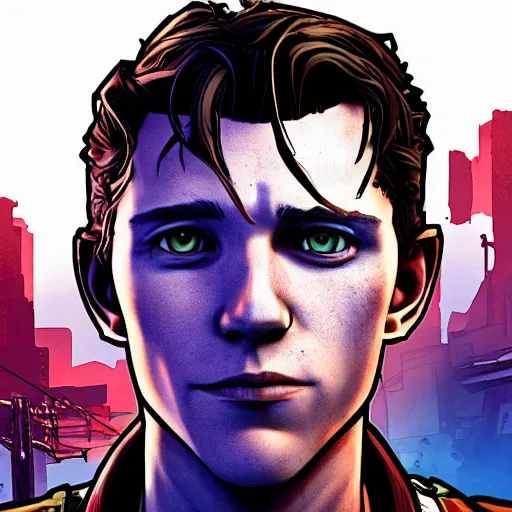 Image similar to tom holland portrait, borderlands, tales from the borderlands, the wolf among us, comic, cinematic lighting, studio quality, 8 k