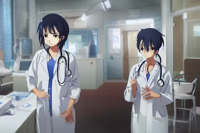 Prompt: a cute young female doctor wearing white coat are doing an operation in a hospital, slice of life anime, cinematic, lighting, anime scenery by Makoto shinkai