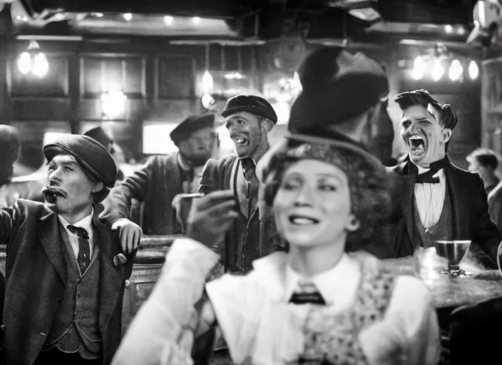 Prompt: an celebration in a bar scene from the series peaky blinders, scarlet johansen, daniel day - lewis, happy, joyful, laughter, celebration, detailed and symmetric faces, black and white, cinematic, epic,