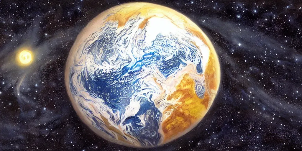 Prompt: hyper realistic painting of planet earth giving birth to another planet