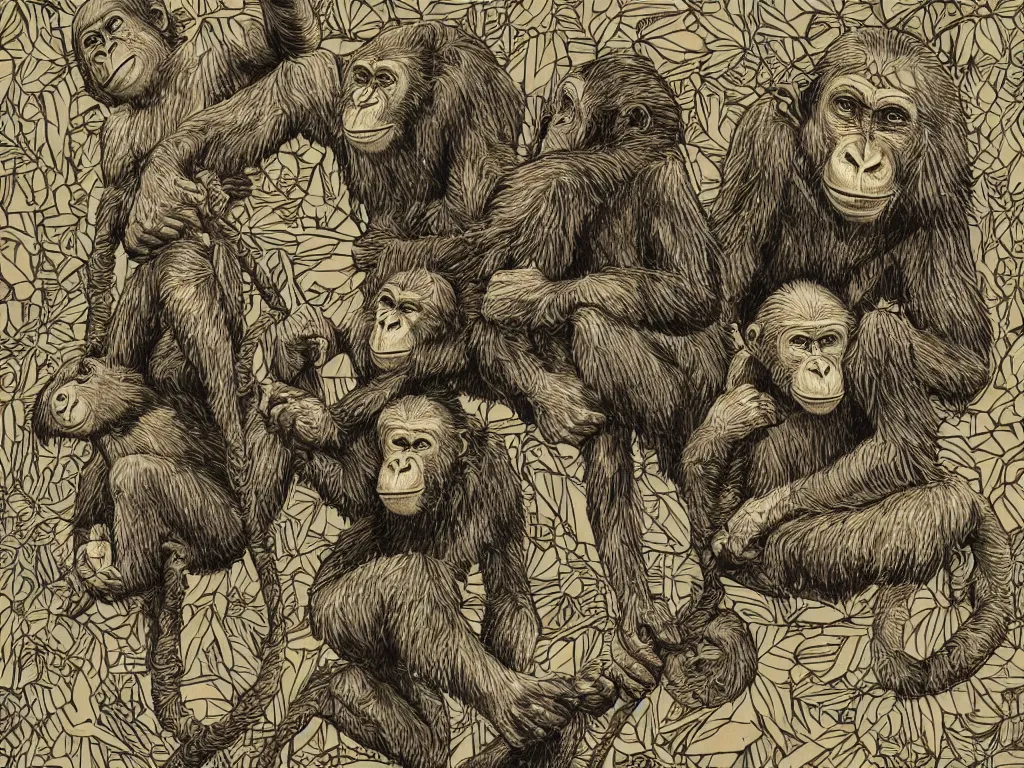 Image similar to bored ape club monkeies by Chor Boogie, intricate details, ultra detailed, 4K, award-winning, touch of M. C. Escher and Salvador Dali