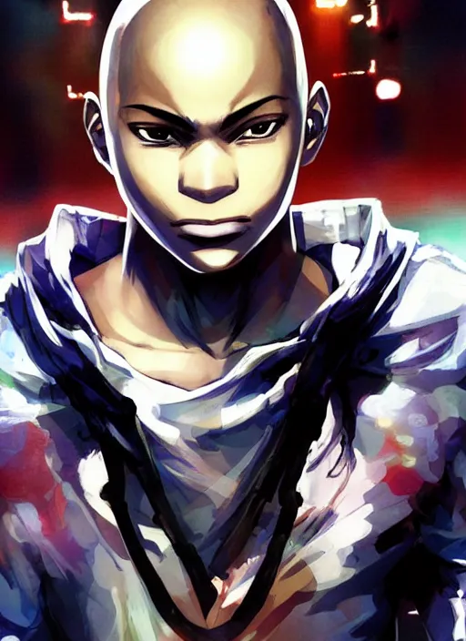 Prompt: character illustration illustrated by shigenori soejima, bald african-american male teenager wearing a white tank-top, cyberpunk, emotional lighting