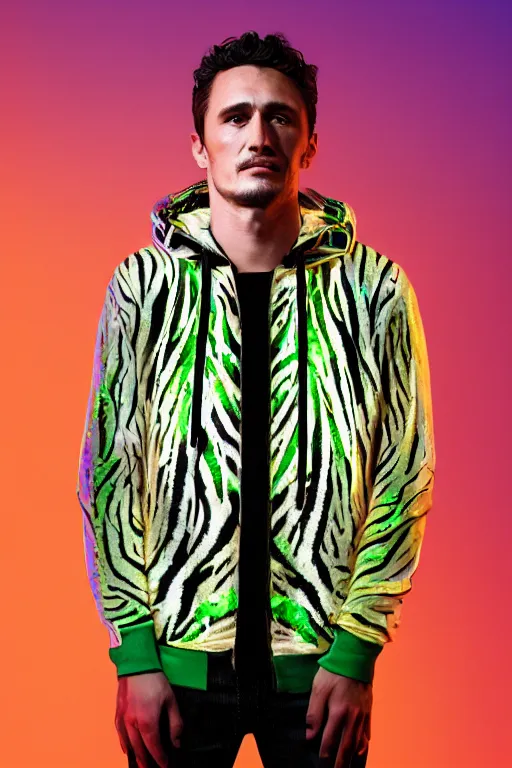 Prompt: hyper detailed ultra sharp portrait of baroque and bladerunner delicate neon emerald and onyx sculpture of ( handsome muscular king james franco ) ( ( striped tigers ) ) wearing ( ( metallic green hoody ) ) ( holding a glass neon skull ) space dungeon, glowing glass palm trees, crown of white diamonds, cinematic lighting, photorealistic, octane render 8 k depth of field 3 d