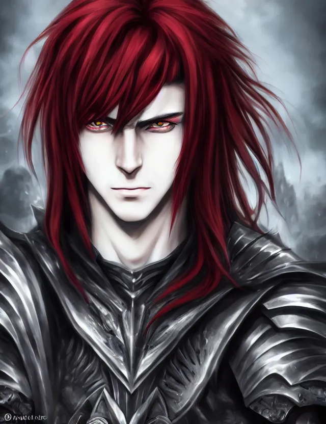 Prompt: a detailed manga portrait of a handsome vampire boy with long crimson hair in dark black spiked armour, trending on artstation, digital art, 4 k resolution, detailed, high quality, sharp focus, hq artwork, coherent, insane detail, character portrait