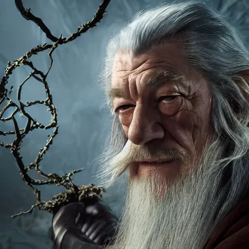 Image similar to the evil ian mckellen smithing on an anvil as gandalf in a dark viking hood playing odin all father crafting the plant of life with vines sprouting from the anvil, highly detailed, cinematic shot, cinematic lighting, 8 k, exquisit facial detail, magical realism painting, chiaroscuro, dark painting.