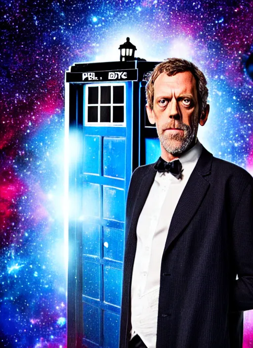 Prompt: dslr photo portrait still of hugh laurie as doctor who in front of a nebula through the open door of the tardis, 8 k, 8 5 mm f 1. 4