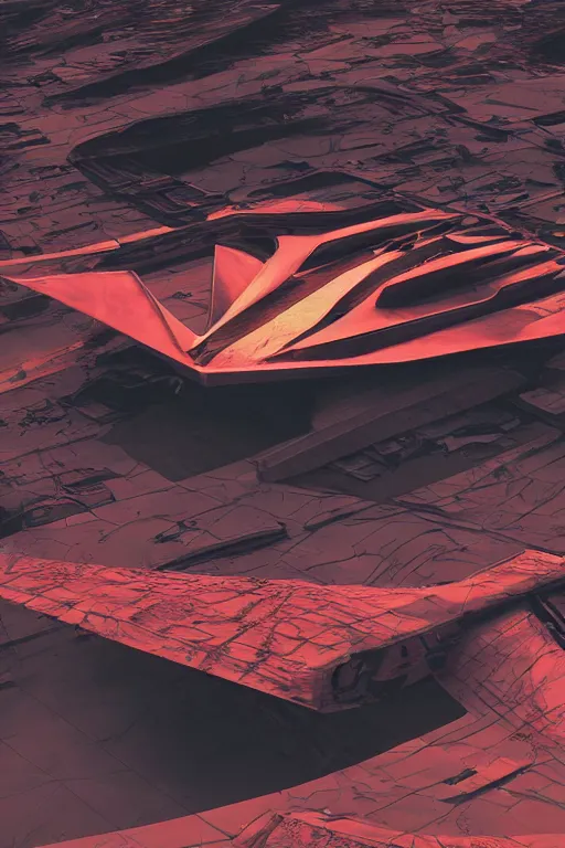 Prompt: professional photograph of a crashed neo - futuristic simplified symmetrical stealth fighter by ilm, denis villeneuve, emmanuel shiu, zaha hadid, dust, vapor, cinematic mars desert scene, red paint detail, manga, dramatic, volumetric, concept art, hard surface, hyperrealism, high detail, trending on artstation, sharp focus, rendered in octane