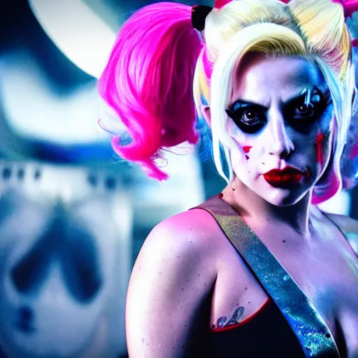 Prompt: Lady gaga as real-life Harley Quinn, cinematic, Wide-shot, atmospheric lighting, directed by Ti West, extreme detail, 8K, movie still