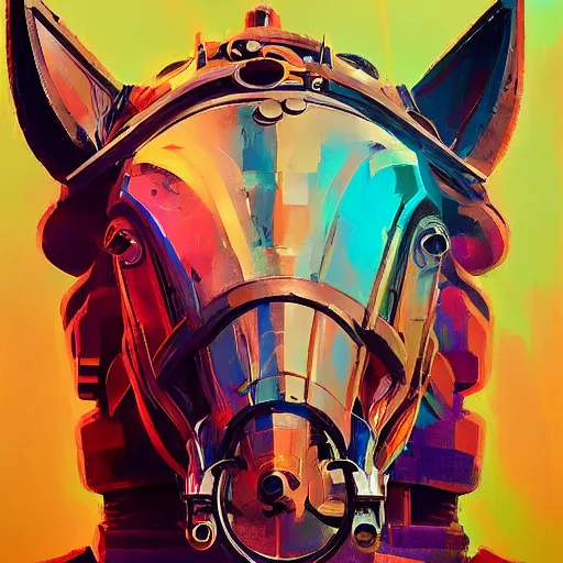 Prompt: a graph style gauche impasto, steampunk horse, cyberpunk art by james gilleard, city depth of field, cgsociety, retrofuturism, synthwave, retrowave, outrun, paint, high quality.