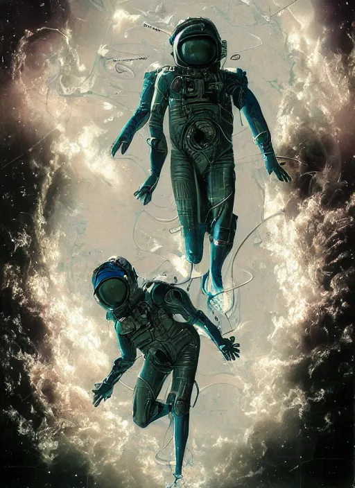 Image similar to astronaut in dark void underwater - complex and hyperdetailed technical suit design. reflection and dispersion materials. rays and dispersion of light. volumetric light. f / 3 2. noise film photo. flash photography. ultra realistic, 5 0 mm. poster by wayne barlowe, hajime sorayama aaron horkey, craig mullins