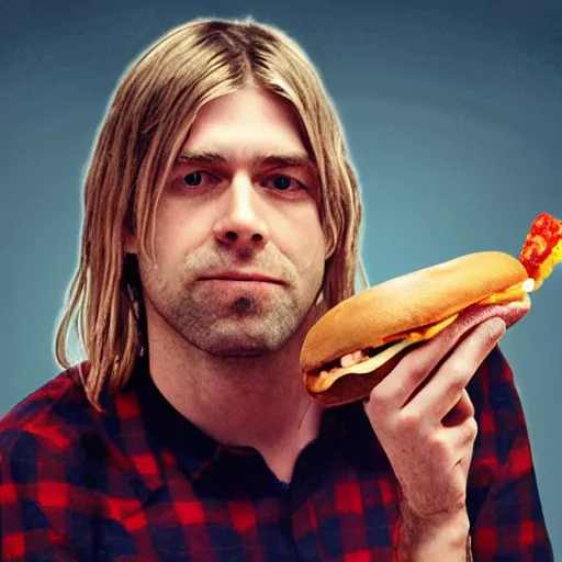 Image similar to kurt cobain eating an enormous hamburger, octane render, terry richardson, 8 k, high detail