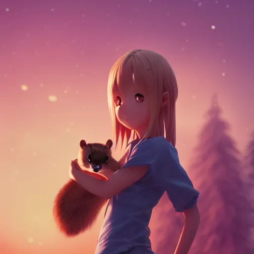 Image similar to Render of a beautiful realistic anime girl holding a pine marten, 4k, CGsociety, golden hour, trending on artstation, octane render, composition