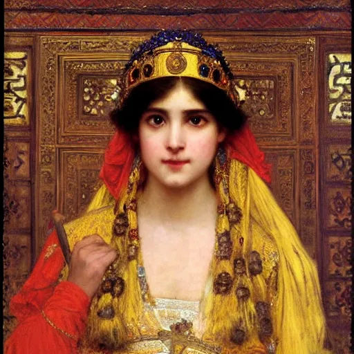 Prompt: orientalist portrait of a happy princess wearing a golden tiara intricate portrait by john william waterhouse Edwin Longsden Long and Theodore Ralli and Henryk Siemiradzki, very coherent symmetrical artwork. Cinematic, hyper realism, high detail 8k