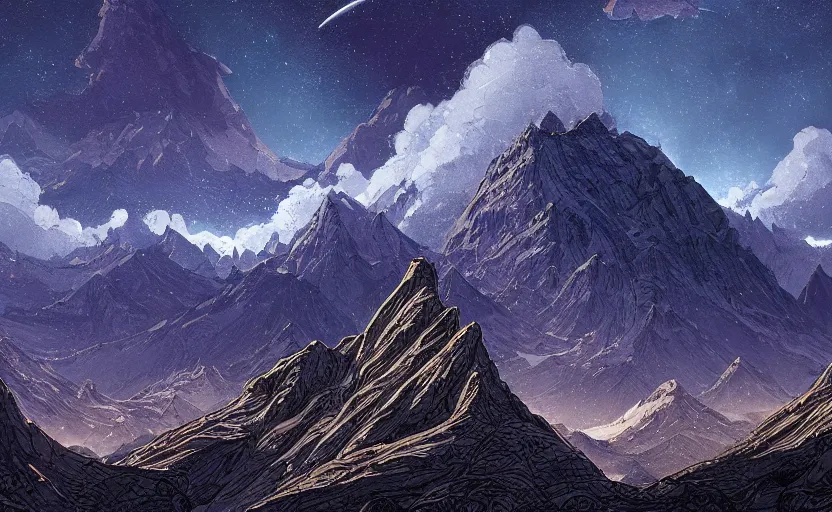Prompt: mountains, stars and paisley filled sky, artstation, intricate, highly detailed, digital painting, concept art, sharp focus, illustration by Raphael Lacoste and James Jean