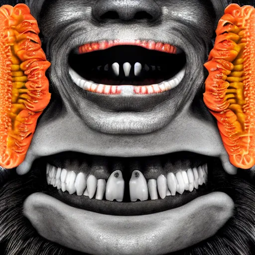 Image similar to album cover, teeth, abstract, black, white, orange, psychedelic, giuseppe arcimboldo