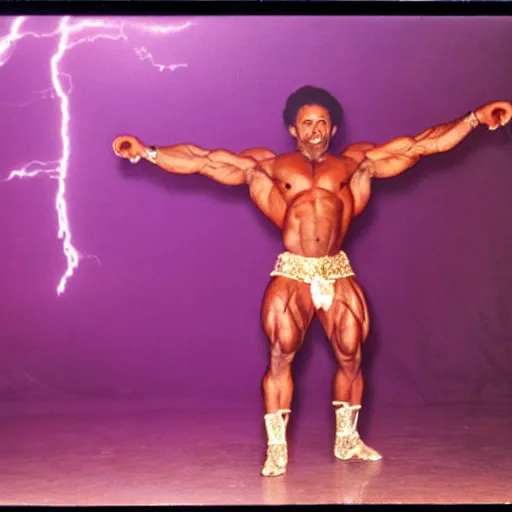 Prompt: realistic photo 35mm of a bodybuilder wearing a loincloth in a disco club next to a large purple rectangle made of lightning