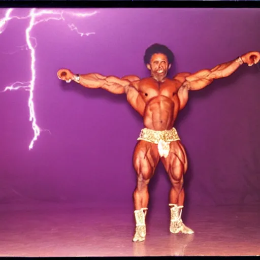 Image similar to realistic photo 35mm of a bodybuilder wearing a loincloth in a disco club next to a large purple rectangle made of lightning