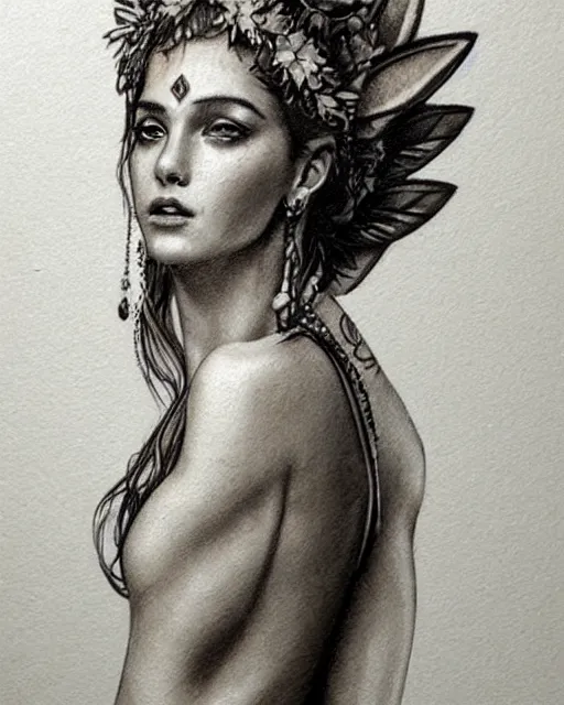 Image similar to realism tattoo sketch of a beautiful greek goddess aphrodite with piercing eyes wearing a laurel wreath and triangle earrings, in the style of greg rutkowski, amazing detail