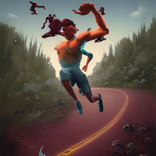 Image similar to cinematic painting of qwop!!!!!!!!!!!!!!!!! running down the trackby alvaro castagnet, peter mohrbacher and dan mumford, kinetic, motion, athletic, running