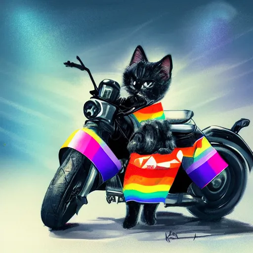 Image similar to wide angle full body, jacket wearing fluffy cute rainbow kitten wearing a black leather motorcycle jacket, riding on a motorcycle, cinematic concept art