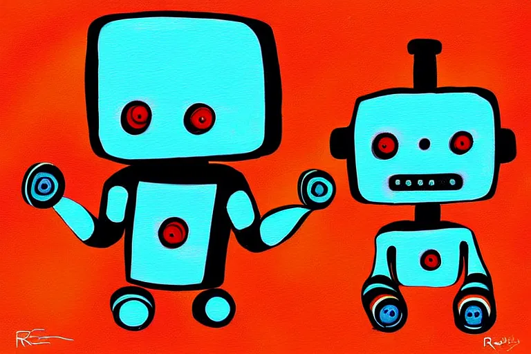 Prompt: a cute little robots painting by rolando, cyril