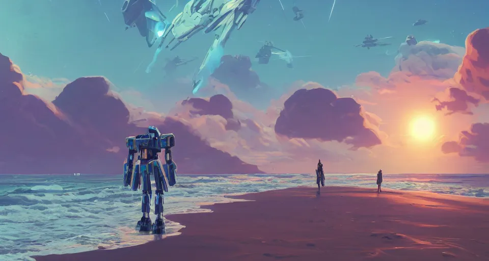 Image similar to A very beautiful serene coast landscape scene with a GIANT MECHA GUNDAM looming in the distance, bright sunny waves splashing on the beach, rendered by simon stålenhag, rendered by Beeple, Makoto Shinkai, syd meade, environment concept, digital art, Gundam style, starwars, unreal engine, 3 point perspective, WLOP, trending on artstation, low level, 4K UHD image, octane render,