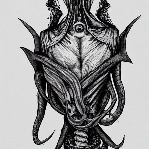 Image similar to black ink on paper, illithid in a straitjacket, trending on artstation, beautiful, intricate, detailed