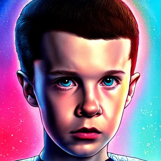 Prompt: Collin Elder style potrait of Eleven from Stranger things, backlit, insanely detailed, digital art ,