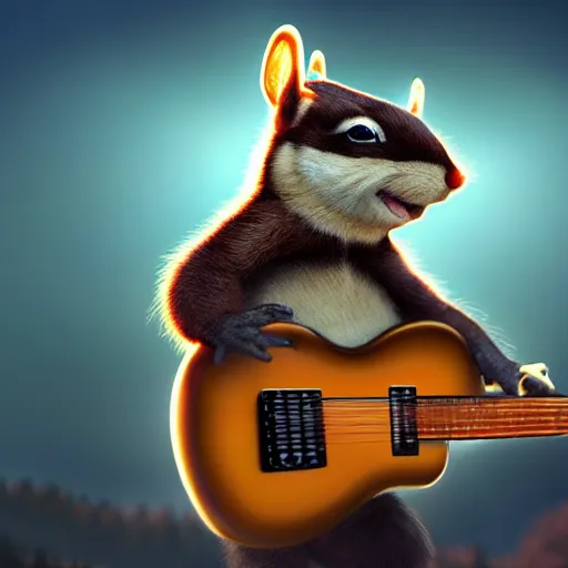 Image similar to a high quality photo of a chipmunk hulk playing electric guitar, foggy forrest backdrop, render, ultra realistic, epic lighting, cgsociety