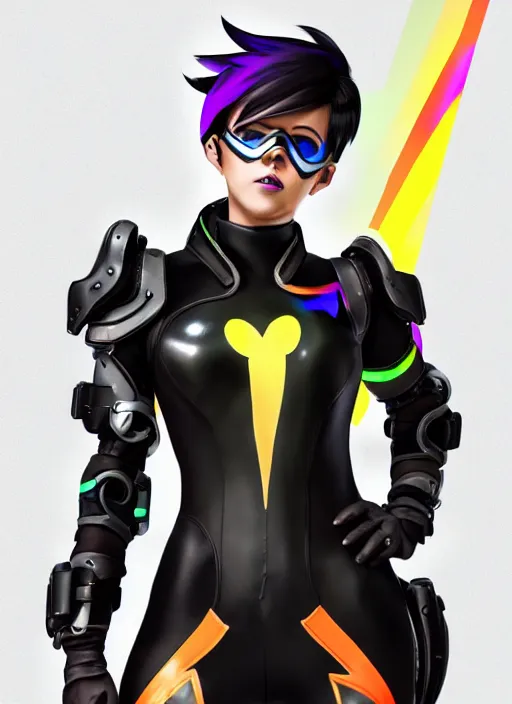 Image similar to full body digital artwork of tracer overwatch, wearing black iridescent rainbow latex, 4 k, expressive happy smug expression, makeup, in style of mark arian, wearing detailed black leather collar, wearing sleek armor, black leather harness, expressive detailed face and eyes,