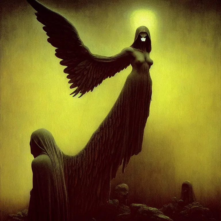 Image similar to angel of death surreal painting by Zdzislaw Beksinski, creepy dark atmosphere, baroque painting, beautiful detailed intricate insanely detailed octane render, 8K artistic photography, photorealistic, chiaroscuro, Raphael, Caravaggio