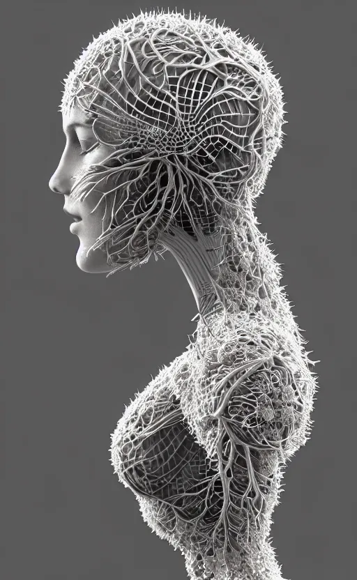 Prompt: complex 3d render of a beautiful profile woman face, vegetal dragon cyborg, 150 mm, beautiful natural soft light, rim light, silver details, magnolia stems, roots, fine lace, maze like, mandelbot fractal, anatomical, facial muscles, cable wires, microchip, elegant, highly detailed, white metallic armour, smoke vapour tornado, octane render, black and white, H.R. Giger style