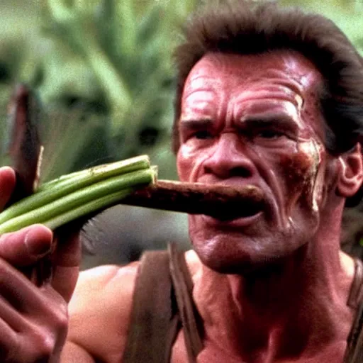 Prompt: a stick of celery with a face hunts arnold schwarzenegger in the film predator