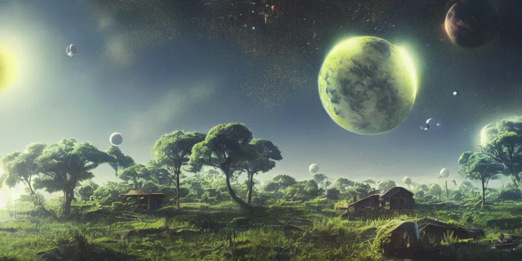 Image similar to planet overgrown with wax moon, visible planets in the sky, hanging trees, floating houses, soda waterfalls, living cheese flying though the sky, Greg Rutkowski, 3d scene, trending on Artstation, 8K, ultra wide angle, pincushion lens effect.