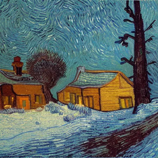 Prompt: beautiful oil painting, snowy snow storm, woodland meadow, log cabin, smoke billowing from chimney, evening, light from window, water stream, water wheel, oak trees, pine trees, rabbits, squirrel, fox, mild breeze wind, falling snow, snow on trees and ground, mountain in background, high detailed, abstract, by van gogh