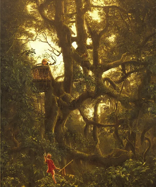 Image similar to masterful oil on canvas painting, eye - level view, shot from 5 0 feet distance, of a kid playing in a treehouse. in the background is a whimsical sparse forest. by ambrosius benson and gerald brom. golden hour, detailed, depth, volume, chiaroscuro, quiet intensity, vivid color palette.