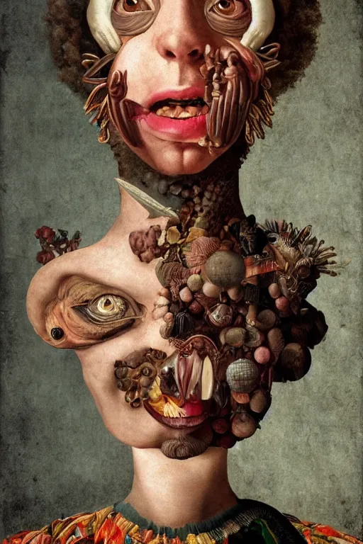 Prompt: Detailed maximalist portrait with dark skin, large mouth and with large white eyes, exasperated expression, HD mixed media, 3D collage, highly detailed and intricate, surreal illustration in the style of Caravaggio, dark art, baroque