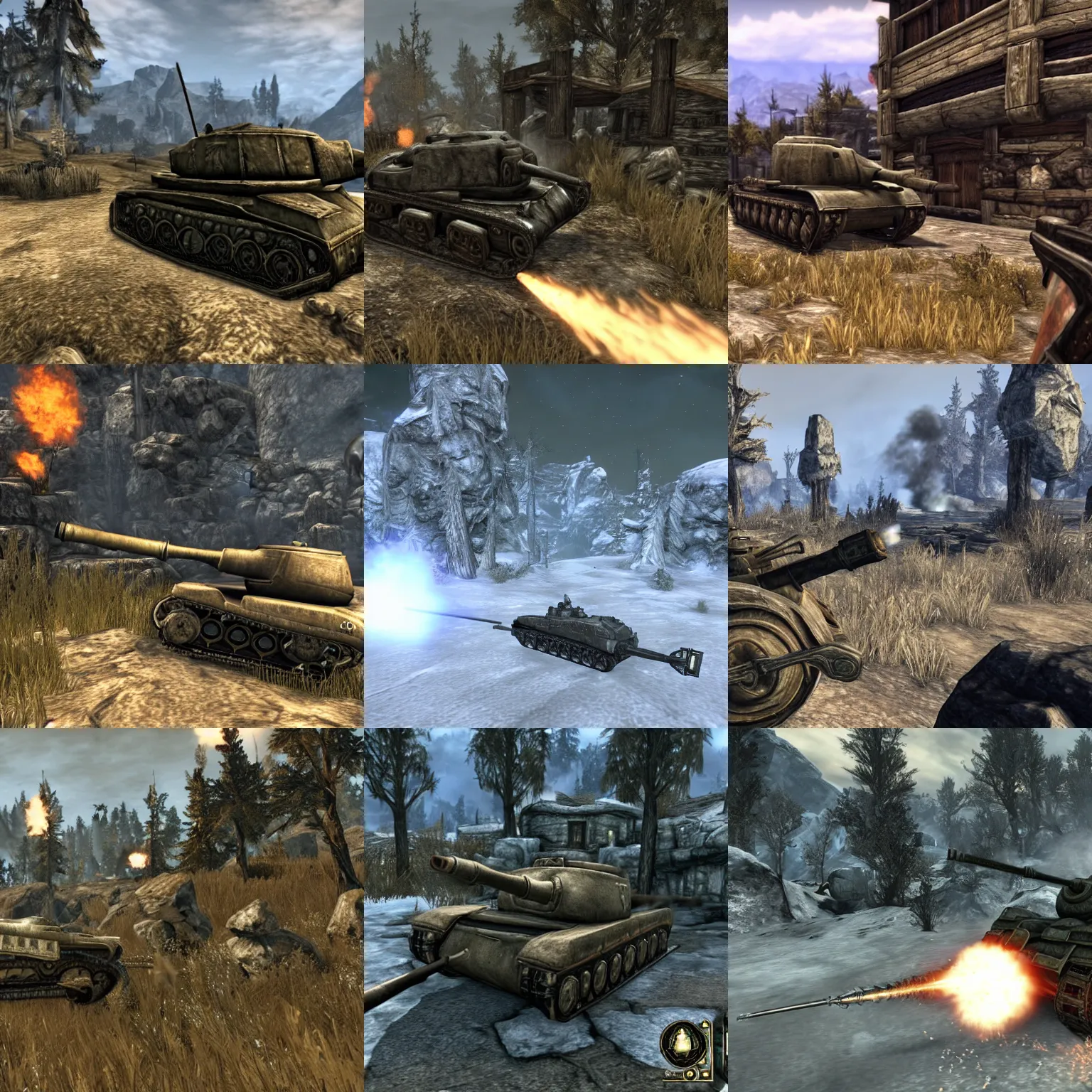 Prompt: Sherman Tank firing a round, screenshot from the game 'Elder Scrolls 5: Skyrim'