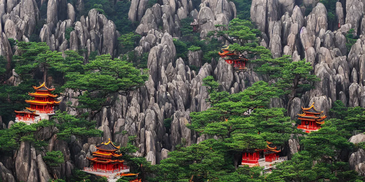 Image similar to taoist temples in huangshan, landscape by joos de momper