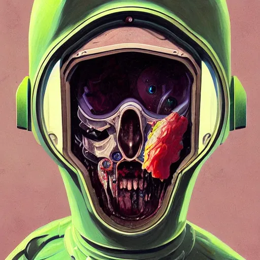 Image similar to Zombie astronaut portrait half face robot,highly detailed, very coherent, painted by Francis Bacon and Edward Hopper, Wayne Barlowe, painted by James Gilleard, surrealism, airbrush, art by JamesJean