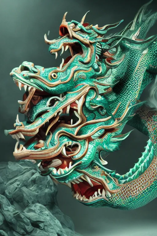 Prompt: a chinese dragon carved from jade, dynamic pose, close - up, intricate details, intricate textures, warm lighting, vivid colors, smoke and mist, realistic octane render, hyper realistic render, volumetric shading, depth of field, raytracing, 8 k,