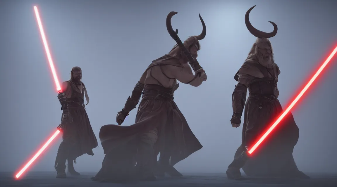 Image similar to Viking and sith wielding lightsabers background Canon, 100mm, octane render, photorealistic, detailed, cinematic, 8k no blur, volumetric lightning