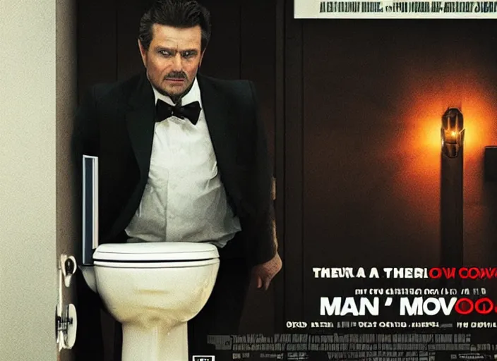 Prompt: a movie poster of a man and a toilet