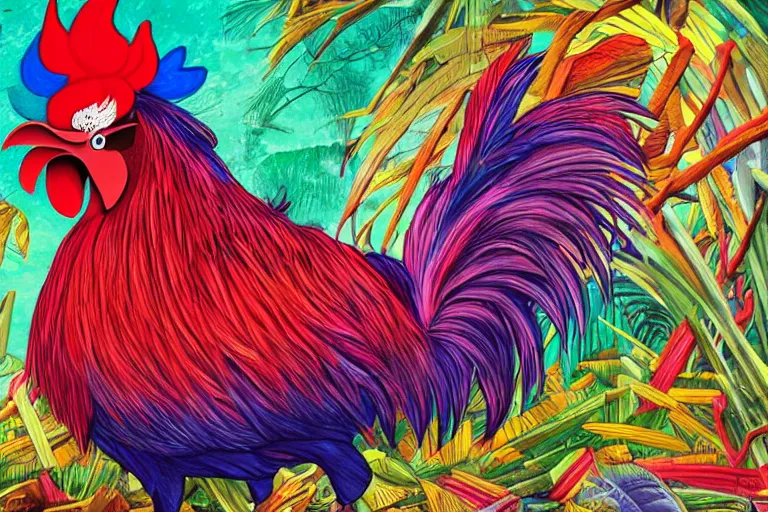 Prompt: illustration of an ominous rooster with feathers of many colors, by feifei ruan and javier medellin puyou and tim lord, lively colors, portrait, sharp focus, colored feathers, jungle