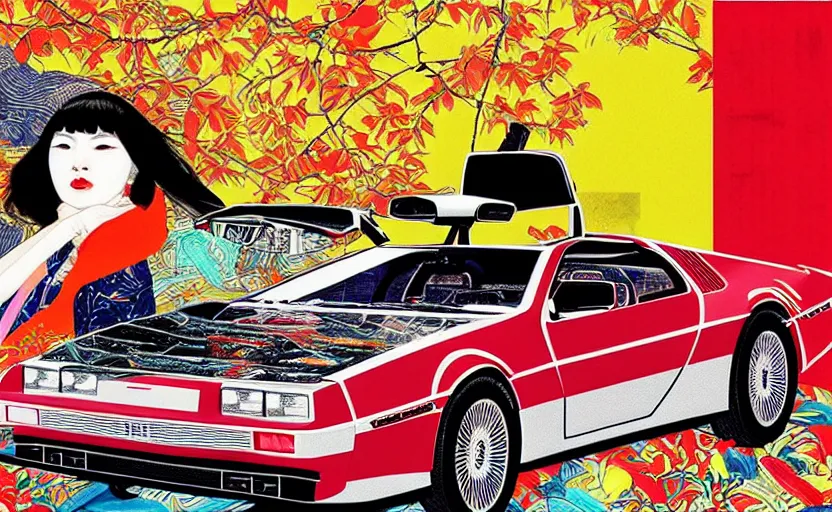 Prompt: a red delorean and a yellow tiger, painting by hsiao - ron cheng & utagawa kunisada, magazine collage style,