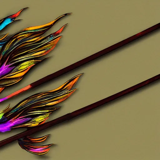 Image similar to medieval weapon, long spear made of feathered wings, prismatic, multi colored feathers, anime style, white background