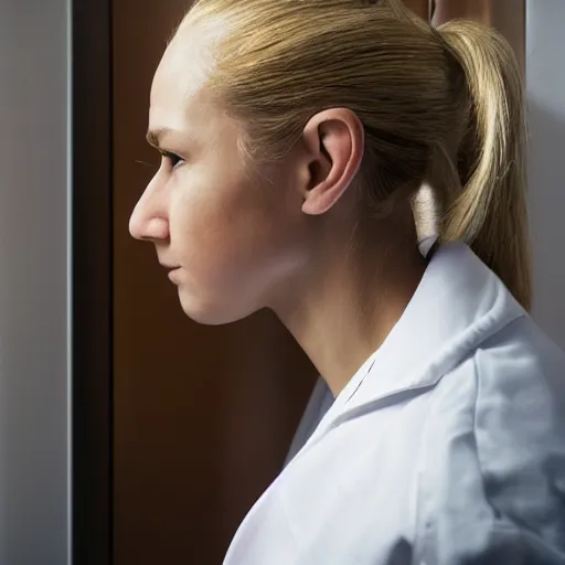 Prompt: profile of cute female nurse, blond hair. ponytail, white coat, in an elevator, steve mccurry