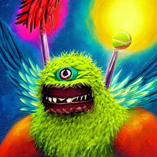 Image similar to a tennis ball monster with angel halo and wings,tennis ball,colorful, digital art, fantasy, magic, trending on artstation, ultra detailed, professional illustration by Basil Gogos