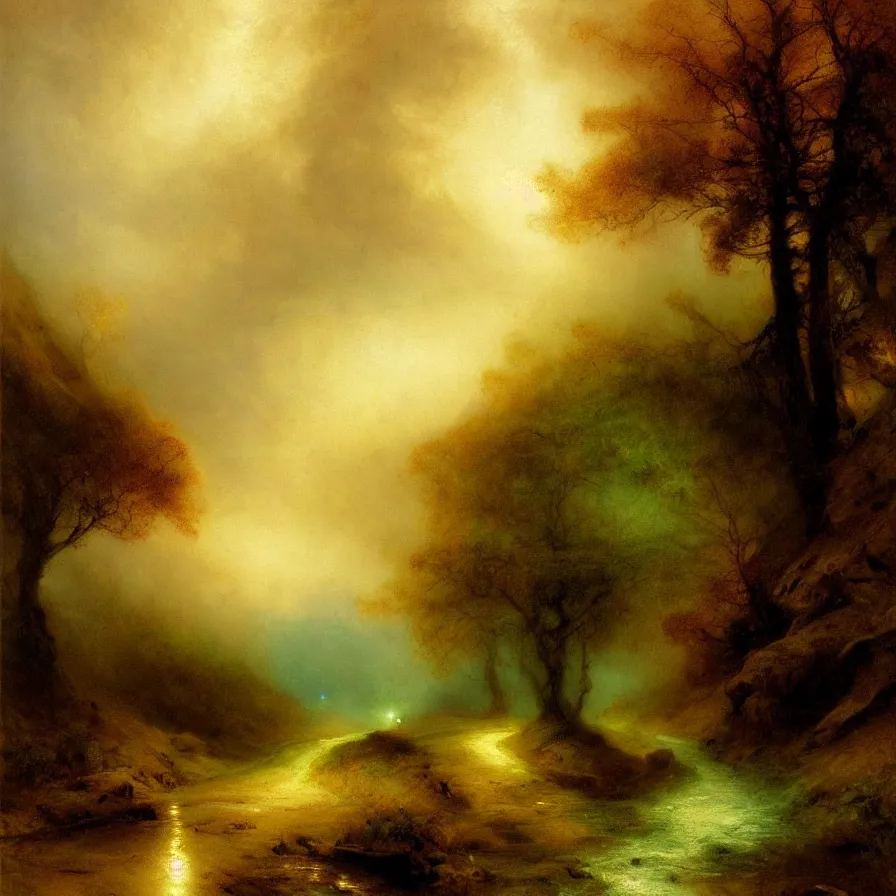 Prompt: atmospheric artwork about the infinite road ahead, painted by thomas moran. sepia, brown and forest green colour scheme.